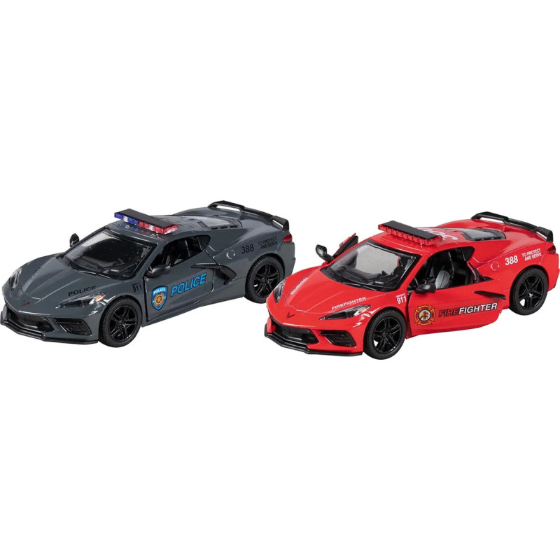 Display de 12 Corvette (2021) police et pompier, métal,1/36,  L de 13 cm - jouet à l'ancienne