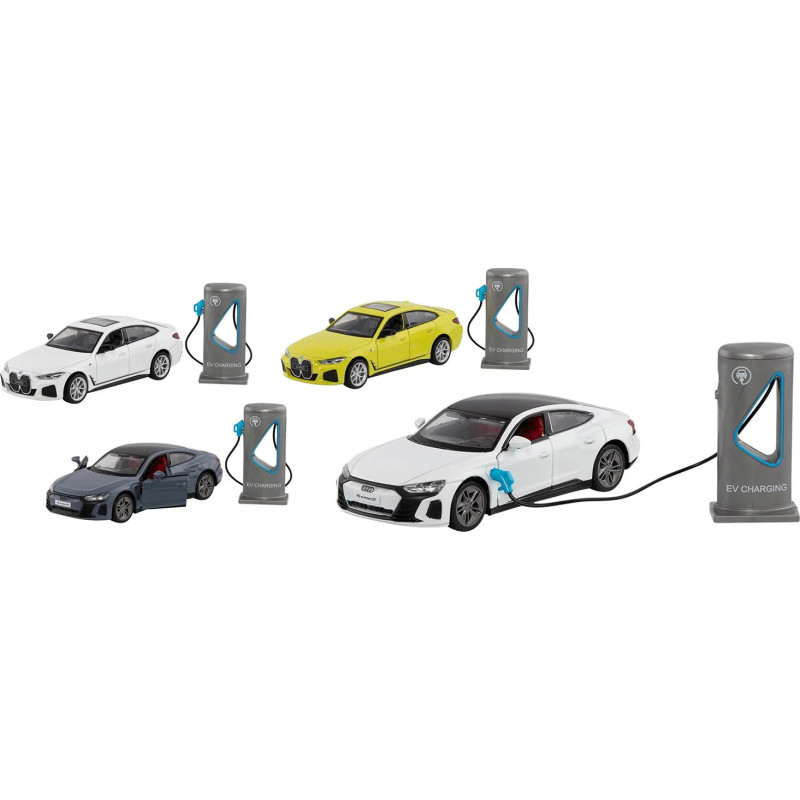 Set de 4 BMW i4 M50, Audi RS e-tron GT, sirène, lumières, métal, L  de 13,5 cm - jouet à l'ancienne