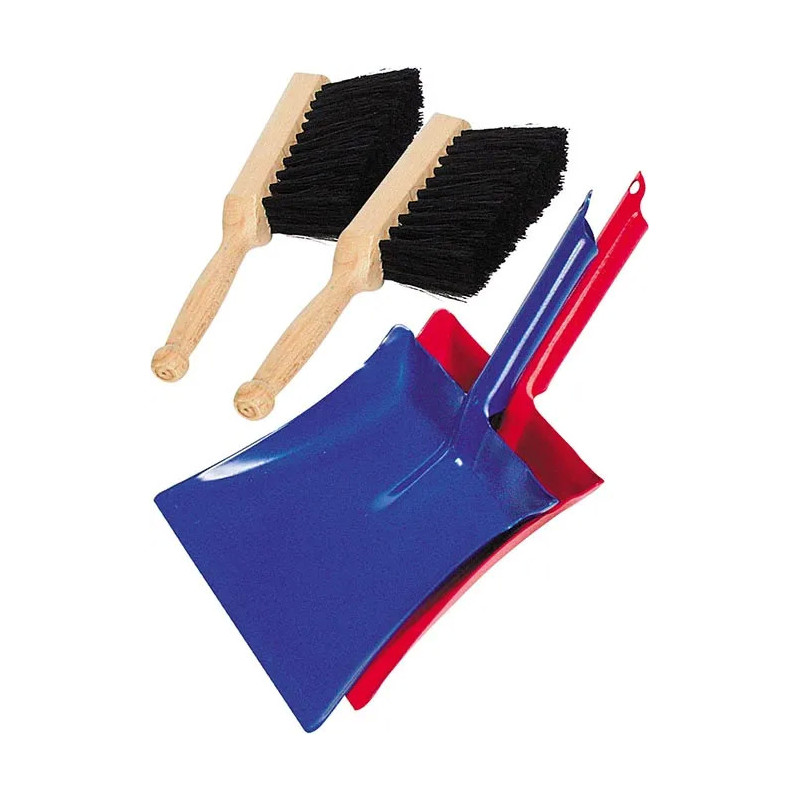 Set of 2 metal dustpans and 1 bristle brush for children - old-fashioned toy