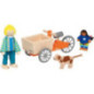 Set de 1 Vélo cargo, 2 poupées flexibles et un chien - jouet à l'ancienne