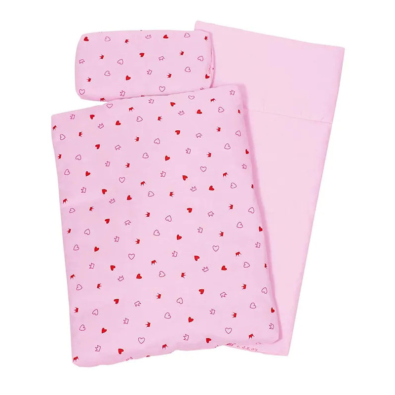 Set de 1 Linge de lit pour poupée, cœurs et couronnes - jouet à l'ancienne