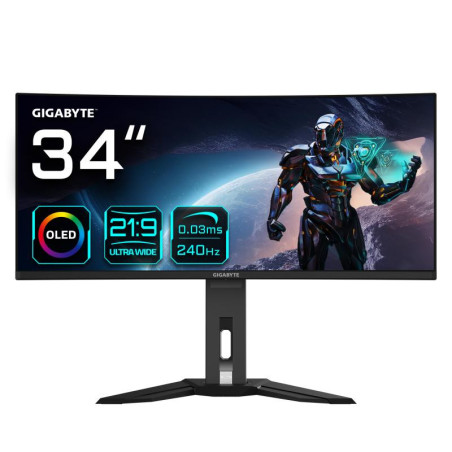 Écrans plats de PC - GIGABYTE - Moniteur de jeu courbé OLED WQHD MO34WQC2 de 34" - 3440 x 1440, 240Hz, 0.03ms, KVM, 250 cd/m², F