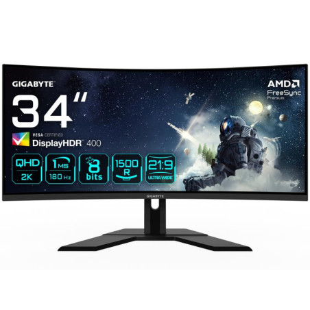 Écrans plats de PC - GIGABYTE - G34WQCP Moniteur de Jeu Incurvé UWQHD 34" - 3440 x 1440, 1500R, 180Hz, 1ms, 350 cd/m², AMD FreeS