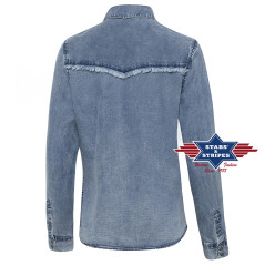 SAS_BLUE - This gently flowing denim blouse with...