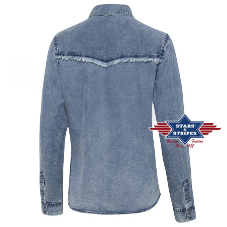 SAS_BLUE - This gently flowing denim blouse with...