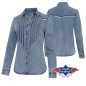 SAS_BLUE - This gently flowing denim blouse with...